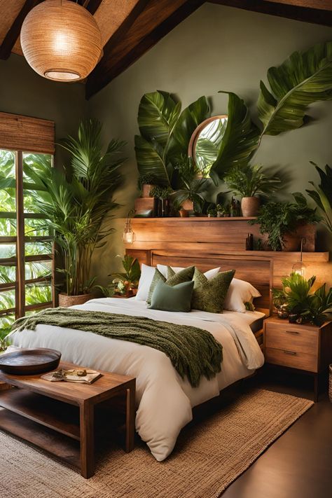 Industrial Tropical Bedroom, Airbnb Themed Rooms, Tropical Interior Design Bedroom, Nature Bedroom Aesthetic, Airbnb Decor Room Ideas Bedroom, Ambient Lighting Bedroom, Tropical Home Design, Tropical House Decor, Tropical Room