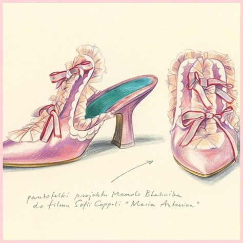 Shoes designed by Manolo Blahnik for Sofia Coppola's Marie Antoinette Rococo Shoes, Marie Antoinette Aesthetic, Rococo Aesthetic, Marie Antoinette 2006, Rococo Art, Rococo Fashion, Shoes Illustration, Blahnik Shoes, Manolo Blahnik Shoes