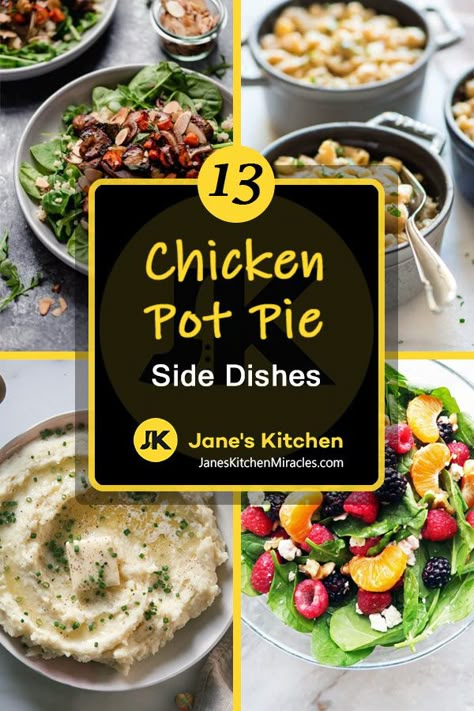 We all love this comfort food dish, but what to serve with chicken pot pie isn't always obvious. Here are our favorite side dish ideas for chicken pot pie recipes to help you complete an amazing dinner tonight. #sidedishes #dinnersidedishes #chickenpotpie #sidedishrecipes Chicken Pot Pie Dinner, Ideas For Chicken, Side Dish Ideas, Sides Dishes, Side Dishes For Chicken, Salads To Go, Turkey Pot Pie, Dish Ideas, Fried Chicken Breast