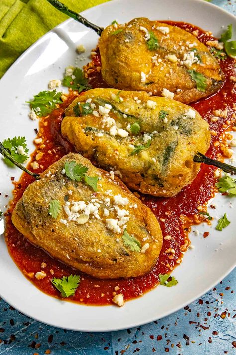 Chile Relleno Recipe - Chili Pepper Madness Chili Rellenos Recipe, Poblano Peppers Stuffed, Stuffed Chili Relleno Recipe, Roasted Chili Peppers, Stuffed Veggies, Chile Relleno Recipe, Rellenos Recipe, Mexican Dinners, Poblano Peppers Recipes