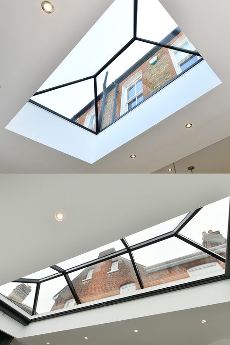 Flat Roof Extension With Overhang, Slanted Roof Extension, Flat Roof Skylights Rear Extension, Rooflights Flat Roof, Roof Lights Flat Roof, Skylight Flat Roof, Single Storey Rear Extension Flat Roof, Roof Lantern Extension, Roof Glass Design