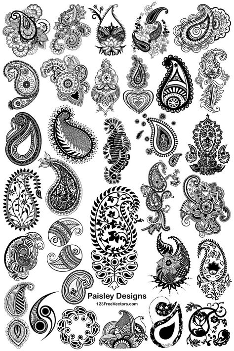 32 Hand Drawn Paisley Designs Vector Pack Easy Paisley Pattern Simple, Simple Paisley Pattern, Paisley Design Drawing, Paisley Clipart, Paisley Pattern Tattoo, Vector Motifs, Paisley Design Pattern, Paisley Tattoo Design, Paisley Drawing