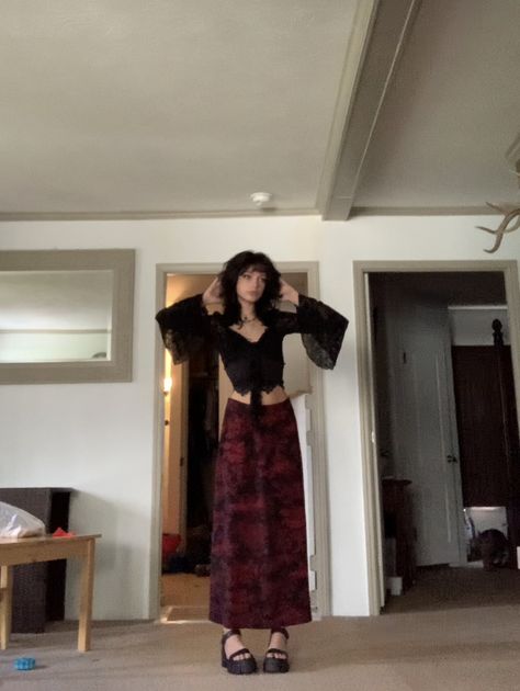 Mitski Inspired Outfits, Wlw Date Outfit, Dressy Goth Outfit, Subtle Goth Fashion, Feminine Alt Outfits, Dark Floral Aesthetic Outfit, Skirt Goth Outfit, Whimsigoth Outfits Summer, Goth Long Skirt Outfit