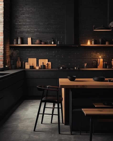 Black And Wood Interior Design, All Black Interior, Black Kitchen Ideas, All Black Kitchen, Kitchen Rehab, Black Kitchen Countertops, Black Interior Design, Harmony House, Dream Kitchens Design