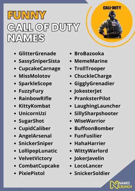 550+ Funny Call of Duty Names - Names Crunch Call Of Duty Name Ideas, Call Of Duty Username Ideas, Funny Call Of Duty, Email Name Ideas, Funny Usernames, Gamer Names, Nicknames For Girls, Hunter Name, Username Ideas