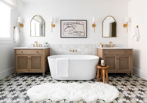 Tub Between Vanities, Mediterranean Bathroom, Kitchen Cabinet Kings, House Mediterranean, Stunning Bathrooms, Highland Homes, Hearth And Home, White Tiles, Bathroom Style