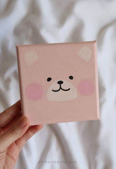 Cute Drawings On Mini Canvas, Mini Cute Painting Aesthetic, What To Draw On A Small Canvas, Aesthetic Mini Art Ideas, Cute Kawaii Paintings, Cute Small Canvas Painting Ideas, Easy Aesthetic Paintings For Beginners, Easy Bear Painting, Aesthetic Mini Canvas Paintings