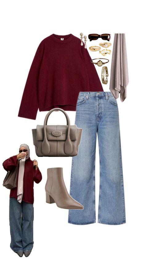 Islamic Fall Outfits, Gentle Woman Bag Outfit, Cherry Red Winter Outfits, Modest Winter Fits Aesthetic, Modest Casual Fall Outfits, Winter Outfits Aesthetic Hijabi, Hijabi Outfits Autumn, Outfit Inspo For Hijabis, Hijabi Outfits Fall