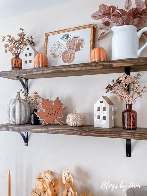 how to decorate floating shelves for fall. fall styled floating shelves. fall floating shelves decorating ideas Interior Thanksgiving Decor, Oval Tray Decor Ideas, Fall Shelves Decor Ideas, Fall Shelf Decor Ideas, Fall Tiered Tray Decor Ideas, Fall Shelf Decor, Winter Tray, Fall Apartment Decor, Home Fall Decor