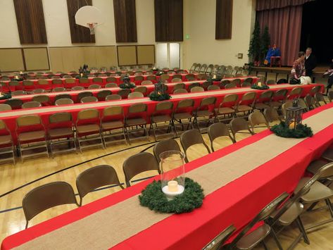 Christmas Banquet Decorations, Relief Society Christmas, Christmas Party Centerpieces, Christmas Party Table Decorations, Lds Christmas, Church Christmas Party, Christmas Luncheon, Ward Christmas Party, Christmas Party Table