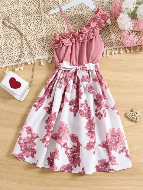 SHEIN Tween Girls' Ruffle Trim Detail Belted Dress | SHEIN USA Cute Dresses For 11-12, Shein Kids, Stylish Short Dresses, Cute Dress Outfits, Trendy Dress Outfits, Easy Trendy Outfits, Fabric Floral, Girl Clothing, Simple Trendy Outfits