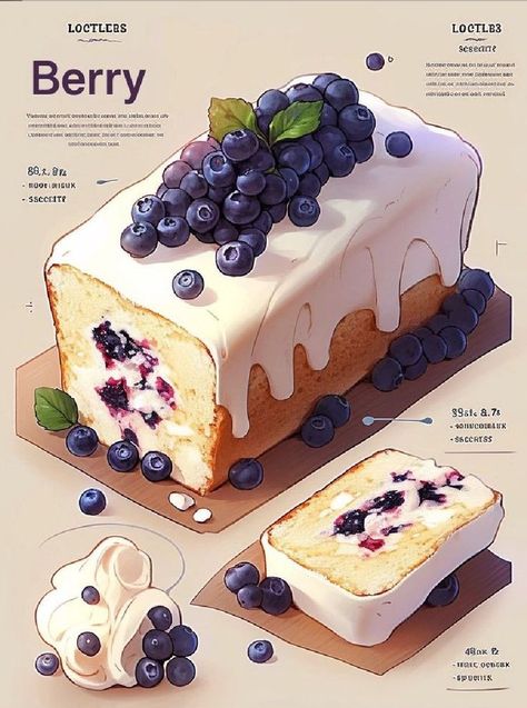 Blueberry Cream Cake, Cool Digital Art, Digital Art Inspiration, Cozy Food, Desserts Drawing, Food Art Painting, Anime Cake, Dessert Illustration, Studying Food