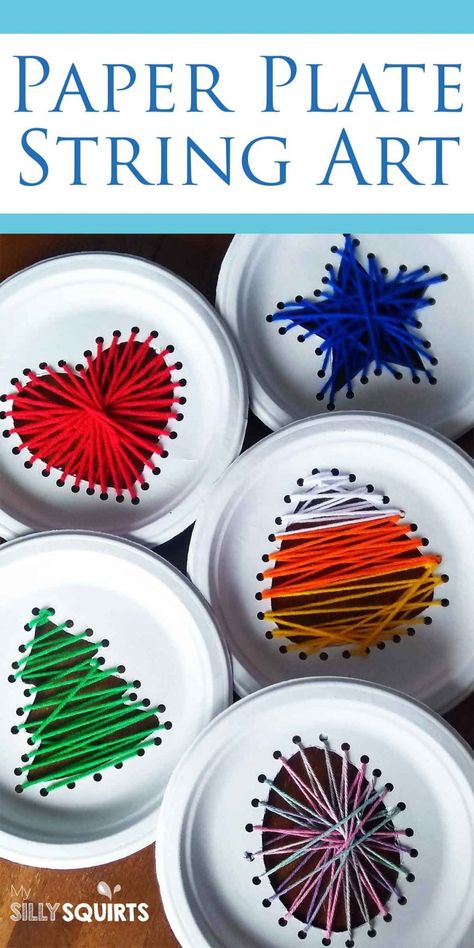 Kids paper plate string art for every holiday | My Silly Squirts Cards Making Ideas, Card For Love, Paper Plate Art, Yarn Crafts For Kids, String Art Templates, Card For Boyfriend, String Crafts, Easy Cards, String Art Diy