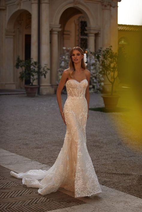 Bonita - Bridal Dress ➤ Milla Nova Sweetheart Neckline Bridal Gown, Sweetheart Strapless Wedding Dress, Mills Nova Wedding Dresses, Lace And Sparkle Wedding Dress, Nude Lace Wedding Dress, Strapless Fitted Wedding Dress, Mila Nova Wedding Dress, Strapless Sweetheart Wedding Dress, Lace Wedding Dress Strapless