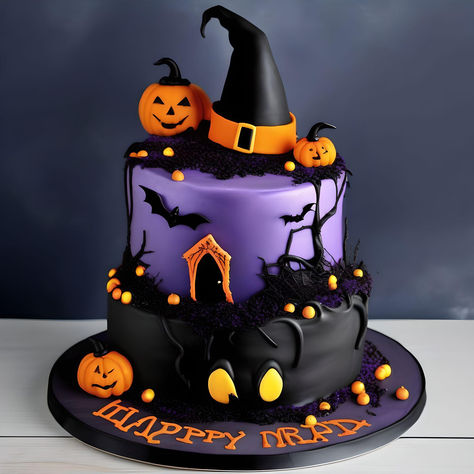 Witch Cakes Halloween, Cute Halloween Birthday Cake, Tort Halloween, Purple Halloween Cake, Halloween Themed Birthday Cake, Horror Movie Cakes, Halloween Birthday Cakes For Kids, Halloween Bday Cakes, Halloween Cakes Ideas