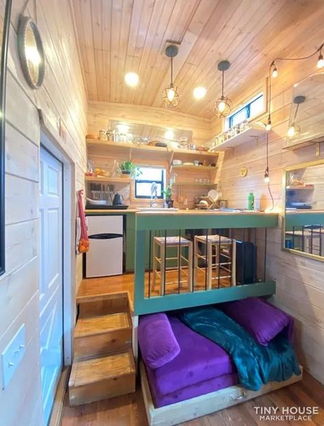 Tiny House Pull Out Bed, 20 Ft Tiny House On Wheels, Tiny Home Bed Ideas, Trailer Into Tiny House, Tiny House With Slide Outs, Tiny Home Pull Out Bed, Tiny House Bookshelves, 20ft Tiny House On Wheels, Tiny House Deck Ideas