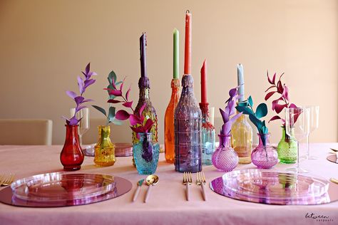 Fun and Festive Purim Table Inspiration - Between Carpools Purim Tablescapes, Purim Decorations, Purim Party, Colored Glass Bottles, Table Inspiration, Blush And Gold, Purim, Do You Remember, Party Table