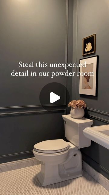 Kelly | Cozy + Collected Home on Instagram: "These marble baseboards are one of my favorite details in our powder room.  I love how they pop against the moody walls and really help to keep things interesting in this small space. 

I got ours from the Tile Shop, but you can find similar options at various retailers. 

#powderroom #moodyinteriors #powderroomdesign #marblebaseboards #interiordesign" Guest Restroom Ideas, Powder Room Under Staircase, Unique Powder Rooms, Powder Room Vanity Ideas, Powder Room Decor Ideas, Moody Walls, Dramatic Powder Room, Half Bathroom Design Ideas, Guest Restroom