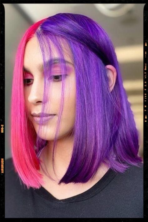 Bold Pink and Purple Hair Pink And Purple Color Block Hair, Pink And Purple Hair, Color Block Hair, App Filter, Split Dyed Hair, Purple Color Block, Airbrush App, Coloured Hair, Split Hair