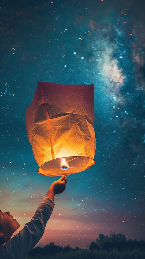 Starry Lantern Release: A person releases a glowing lantern into the star-scattered sky on a serene night. #starry #lantern #release #night #sky #aiart #aiphoto #stockcake ⬇️ Download and 📝 Prompt 👉 https://ayr.app/l/s2QE Nature, Sky Lantern Drawing, Lanterns Drawing, Lantern Release, Lantern Photography, Glowing Lantern, Sky Lantern, Autumn Palette, Sky Lanterns