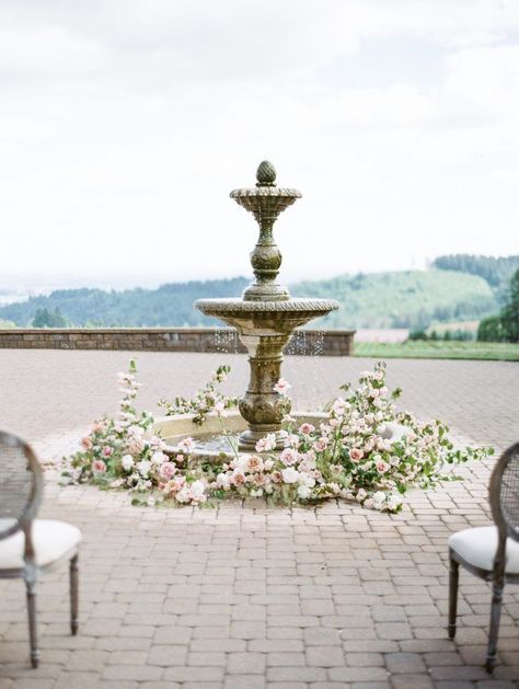 Gorgeous flowers surround this fountain at the ceremony site. Follow us on Pinterest for endless wedding inspiration and head over to the website to book a professional wedding planner for your big day! Fountain Floral Installation, Floral Installation Wedding, Fountain Flowers, Hart Floral, William Hart, Installation Wedding, Party Concept, Floral Installation, Portland Oregon Wedding