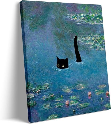 Easy Cat Painting Ideas On Canvas, Cat Acrylic Painting Easy, Aesthetic Room Wall Decor, Cat Swimming, Black Cat Poster, Pond Landscape, Canvas Art Painting Abstract, Paint Christmas, Gallery Aesthetic