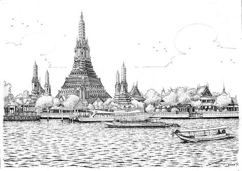 Thai Architecture, City Outline, Architect Sketch, Diy Pop Up Cards, Diy Pop, Pen Art Work, Pen Illustration, Abstract Art Diy, Architecture History