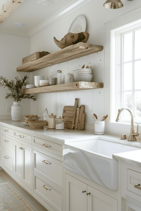 Lakehouse Kitchen Ideas, White Beach Cottage, Rustic Coastal Kitchen, Greek Style Home, Blue Kitchen Interior, Kitchen Beach House, Beach Cottage Kitchens, Neutral Coastal Decor, Coastal Kitchen Ideas