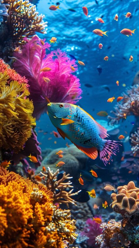 "Underwater #ColorExplosion: A vibrant #parrotfish swims among #vivid coral reefs teeming with #oceanlife in a serene #underwaterworld. #scubadiving #sealife #digitalart #aiphoto #stockcake ⬇️ Download and 📝 Prompt 👉 https://stockcake.com/i/underwater-color-burst_625788_615942" Sea Diving Aesthetic, Underwater Plants Photography, Ocean Creatures Photography, Under The Sea Pictures, Coral Reef Photography, Octopus Garden, Coral Reef Art, Sea Life Creatures, Coral Ocean