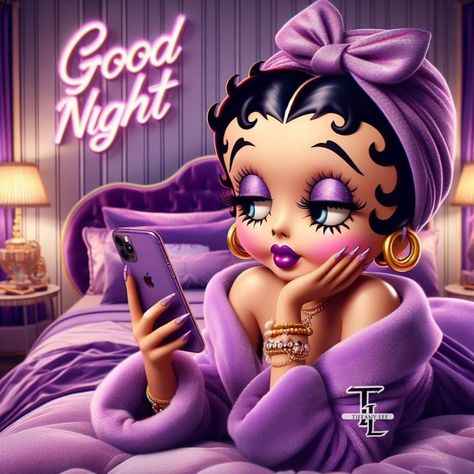 Good Night Auntie, Black Betty Boop Aesthetic, Betty Boop Good Night, Purple Cartoon Characters, Betty Boop Coffee, Biker Betty Boop, Garfield Quotes, Purple Inspiration, Betty Boop Baby