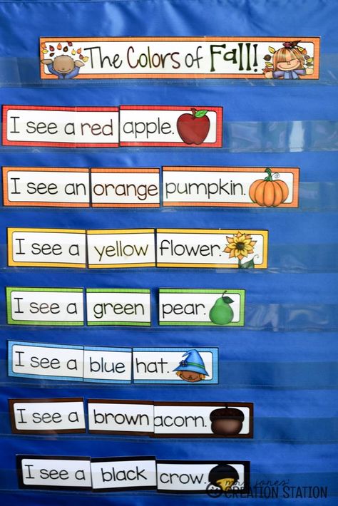 Engaging learners with interactive pocket charts - Fall Interactive Poem Fall Interactive, Pocket Chart Center, Kindergarten Organization, Fall Vocabulary, Pocket Chart Activities, Pocket Charts, Fall Kindergarten, Creation Station, Colors Of Fall