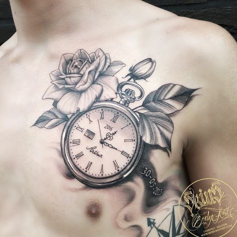 Rose And Clock Tattoo For Men, Watch Tattoo Men, Men Clock Tattoo Ideas, Tatto Clock, Stop Watch Tattoo, Rose Chest Tattoo, Pocket Watch Tattoo Design, Finger Tattoos Words, Watch Tattoo Design