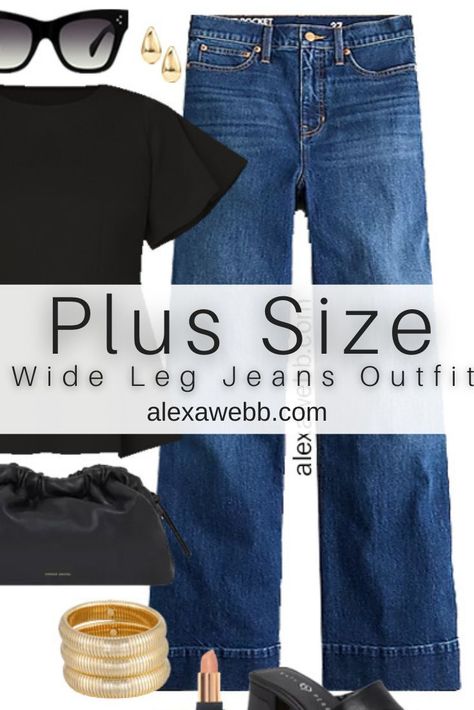 How to Wear Plus Size Wide Leg Jeans - A plus size casual outfit idea with wide leg jeans and a black peplum top. Alexa Webb