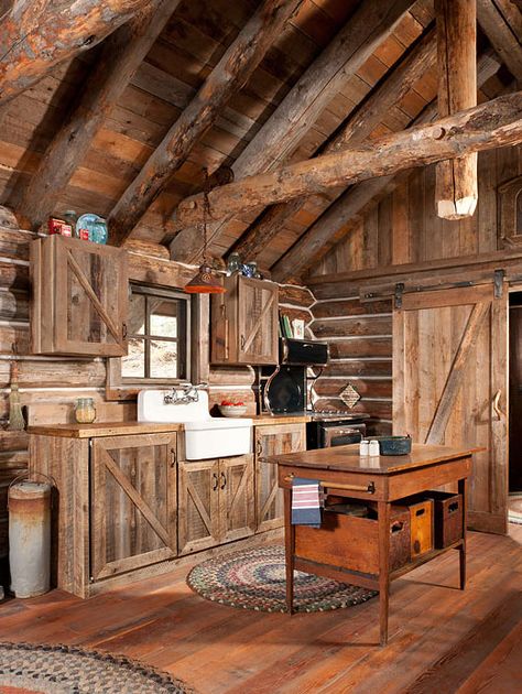 Authentic Log Cabin Exquisitely Restored to 1900’s Splendor | Off Grid World Rustic Log Cabin Kitchens, Log Cabin Kitchens, Dapur Rustic, Log Cabin Kitchen, Old Log Cabin, Log Cabin Ideas, Small Log Cabin, Rustic Log Cabin, Rustic Kitchen Cabinets