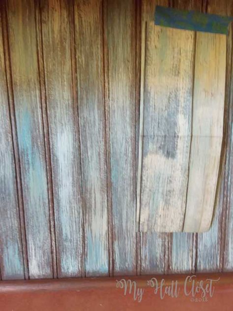 Distressed Wood Paneling Walls, Distressed Paneling Walls, Faux Bead Board Walls, How To Paint Beadboard Paneling, Painting Beadboard Paneling, Distressed Painting Techniques, Painted Beadboard Walls, Painting Beadboard, Stained Beadboard