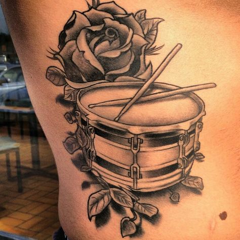 Snare drum tat. Drumstick Tattoo Ideas, Snare Drum Tattoo, Drumstick Tattoo, Drum Stick Tattoo, Drum Tattoos, Drummer Tattoo, Drum Tattoo, Stick Tattoo, Music Tattoo Designs