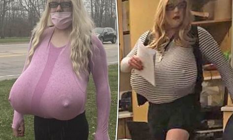 'It's the definition of insanity': Trans teacher is seen in new video walking with her giant Z-cup prosthetic breasts after parents fume that her hiring will make their kids virtual prisoners while she is teaching because of security measures | Daily Mail Online