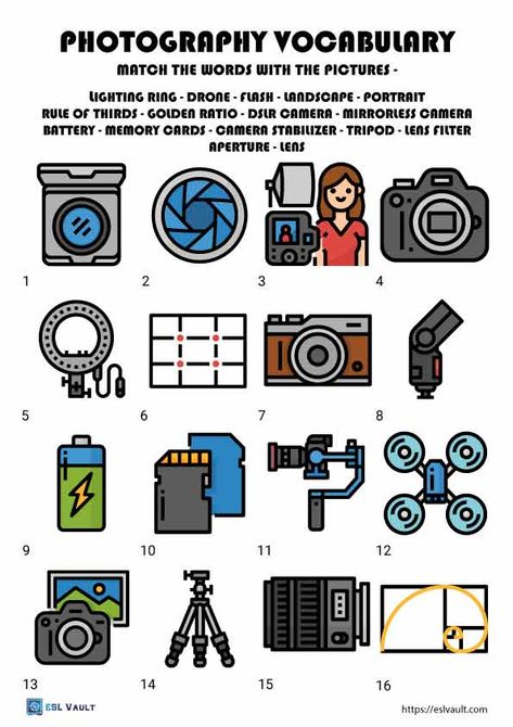 photography vocabulary Photography Class Projects, Middle School Photography Lessons, Photography Project Ideas Student, Photography Class Ideas, Photography Worksheets, Photography Vocabulary, Point Of View Photography, Picture Graph Worksheets, Photography Classroom