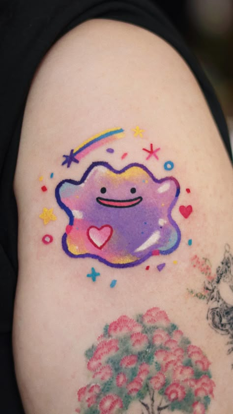 Instagram Pokemon Tattoo Color, Colored Simple Tattoos, Colorful Cartoon Tattoos, Cute Colourful Tattoos, Luxray Tattoo, Cute Colored Tattoos, Cute Color Tattoos, Kawaii Tattoo Sleeve, Cute Colorful Tattoos