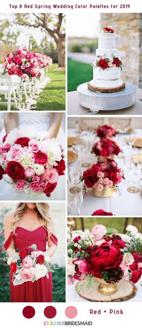 Top 8 Red Spring Wedding Color Palettes for 2019 -No.1 Red and Pink #colsbm #bridesmaids #weddings #weddingideas #springwedding b615 Red And Gold Spring Wedding, Red Blush Wedding Color Schemes, Red Color Schemes Wedding, Light Red Wedding Theme, Spring Red Wedding Color Schemes, Blush Pink And Red Wedding Theme, Red Spring Wedding Colors, Red Summer Wedding Color Schemes, Spring Wedding Inspiration Colour Palettes