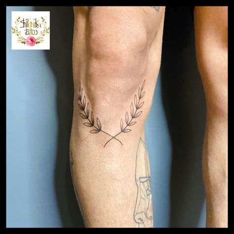 #kneetattoos #olivebranchtattoo #wildflowertattoo #leaftattoo #planttattoo #tattooformen Olive Branch Tattoo Under Knee, Two Leaf Tattoo, Under Knee Leaf Tattoo, Knee Branch Tattoo, Olive Branch Tattoo Mens Knee, Knee Tattoo Vine, Leaf Knee Tattoo Men, Greek Leaves Tattoo Knee, Vines Around Knee Tattoo