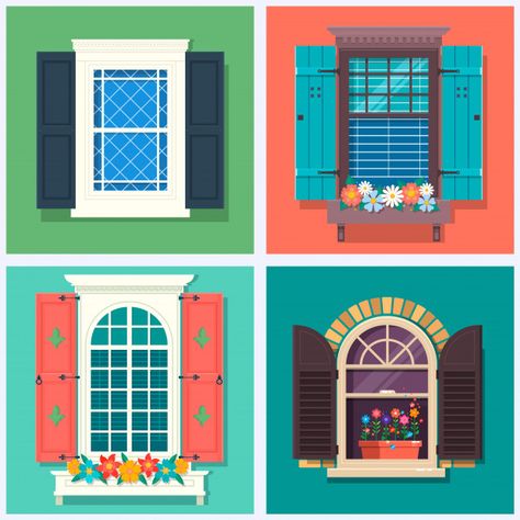 Colorful Windows, House Window Design, Window Illustration, Window Drawing, Architectural Engineering, Building Illustration, Vector Drawing, Flat Illustration, Window Design