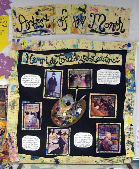 Artist Bulletin Board Henri de Toulouse-Lautrec       Cassie Stephens: In the Artroom: Hangin' with the College Kids Art Ks2, Art Room Posters, Art Bulletin Boards, Art Classroom Management, Elementary Art Rooms, Cassie Stephens, Artist Of The Month, Art Classroom Decor, Outfit Photos