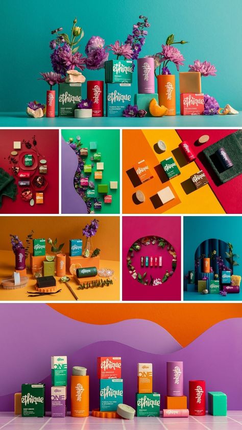 3d And Photography, Mood Board Product Design, Product Group Photography, Packaging Design Photography, Vibrant Product Photography, Funky Product Photography, Still Photography Ideas, Multiple Product Photography, Mood Boards Photography