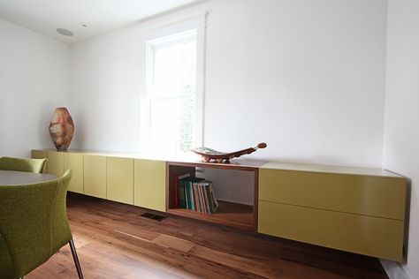 Home Office Credenza Storage, Credenza In Office, Floating China Cabinet, Tv Corner Ideas, Master Bath Vanities, Floating Credenza, Loft Vibes, Cocktail Room, Tv Corner