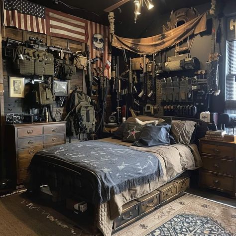 Post Apocalyptic Room Design, Zombie Apocalypse Room Ideas, Army Barracks Room Decor, Apocalypse Bedroom, Military Themed Bedroom, Apocalyptic Bedroom, Military Bedroom Ideas, Military Room Ideas, Army Room Decor Aesthetic