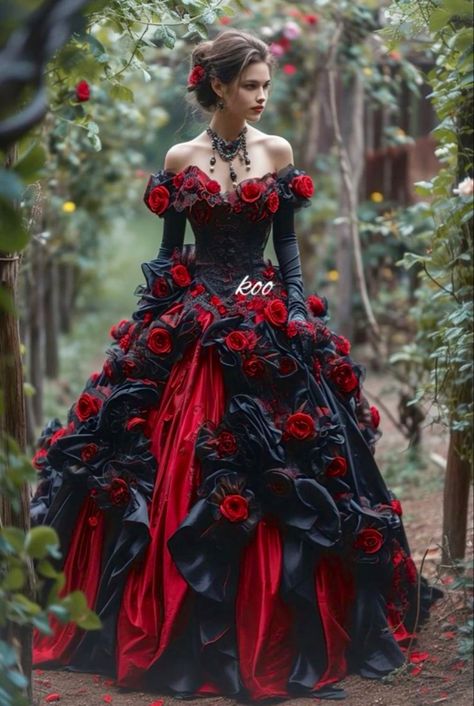 Red Gown Princess, Black And Red Princess Dress, Black And Red Fantasy Dress, Gothic Dress Outfit, Vampire Dresses, Roses Outfit, Black And Red Dress, Gothic Victorian Dresses, Gothic Wedding Dress