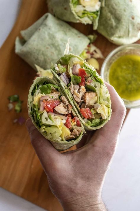 Mediterranean Chicken Wrap - Always From Scratch Lemon Basil Vinaigrette Dressing, Chicken Roasted Red Peppers, Mediterranean Chicken Wrap, Lemon Basil Dressing, Goat Cheese Burger, Mediterranean Diet Recipes Breakfast, Chicken Wrap Recipe, Mediterranean Chicken Recipes, Shrimp Taco Recipes