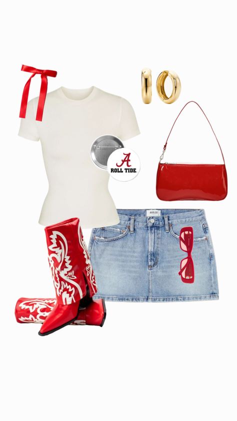 alabama gameday outfit🤍 Alabama Tailgate Outfit, Red College Game Day Outfit, Red And White Game Day Outfit, Alabama Game Day Fits, Alabama Rush Week Outfits, Uofsc Gameday Outfit, University Of Alabama Game Day Outfits, Red Gameday Outfit, Alabama Football Game Outfit