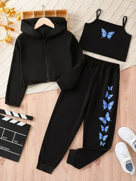 Girls' Butterfly Pattern Long Sleeve 3-Piece Set, Including Short Zipper Hoodie, Tank Top And High Waist Straight Pants Black Casual    Animal,Colorblock,Geometric,Letter,Butterfly  Slight Stretch  Young Girls Clothing, size features are:Bust: ,Length: ,Sleeve Length: Cute Outfits With Shorts, Blue Stuff, Fashion Top Outfits, Cute Dress Outfits, Casual Preppy Outfits, Trendy Outfits For Teens, Everyday Fashion Outfits, Fashion Design Dress